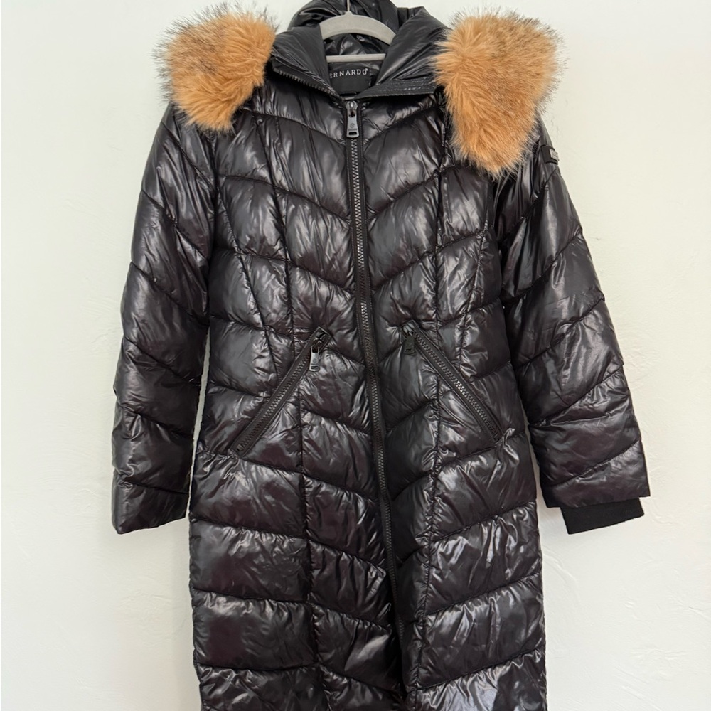 Bernardo Black Puffer Coat with Faux Fur Trim